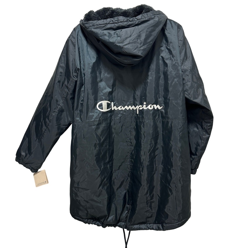 Champion Hooded Jacket Womens Large Black Sherpa Lined Longline Full Zip JL394 - Picture 4 of 7